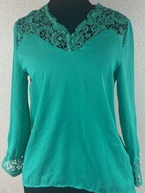 Elegant Green Lace Trim Women's Top Blouse Size S